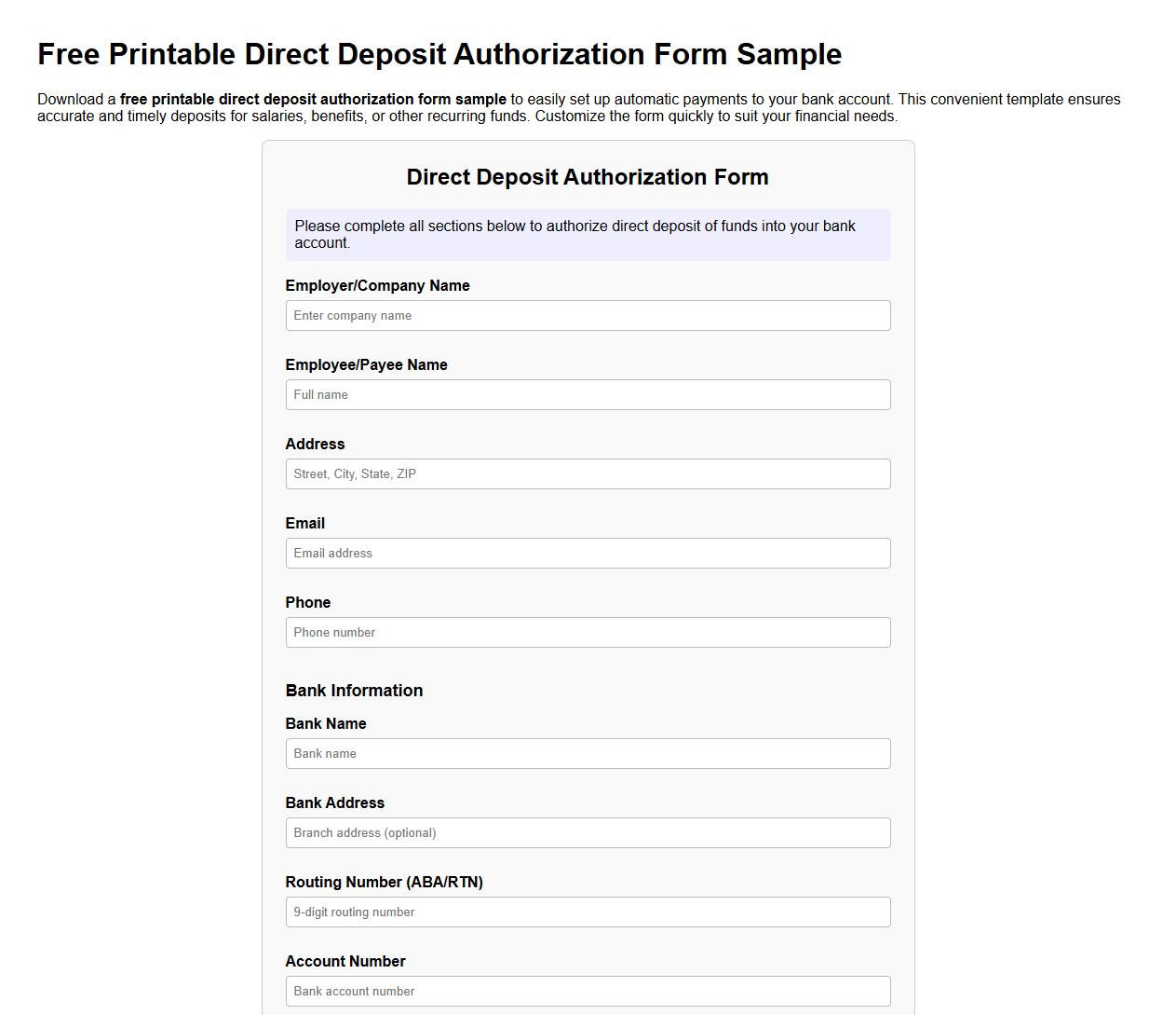free printable direct deposit authorization form sample image preview