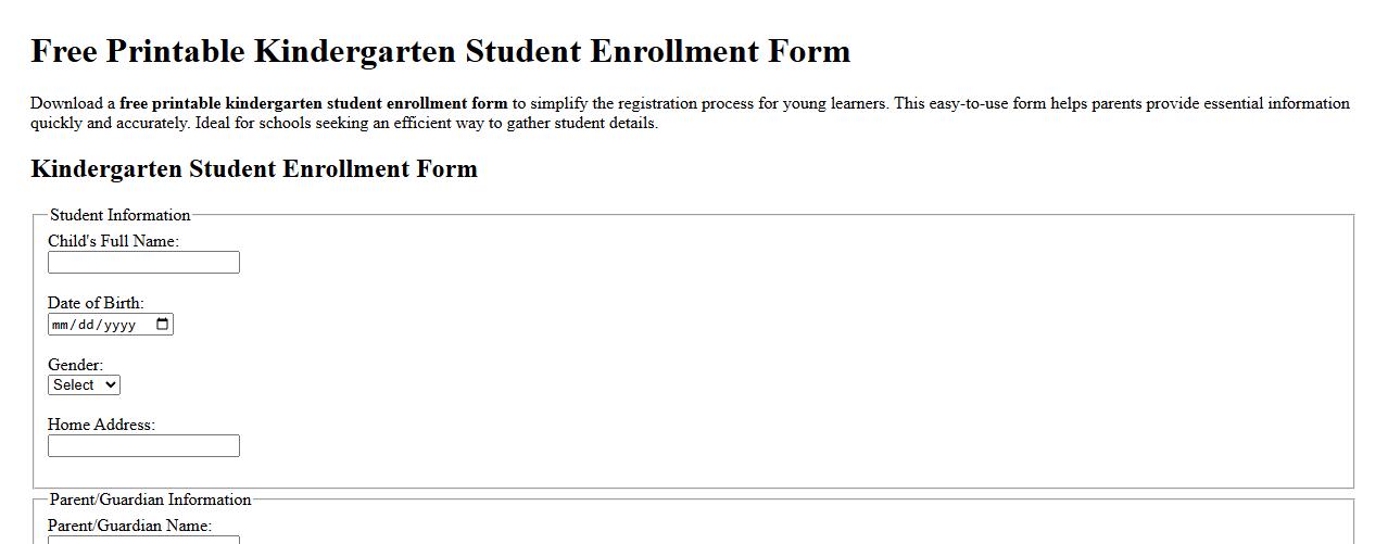 Free printable kindergarten student enrollment form image preview