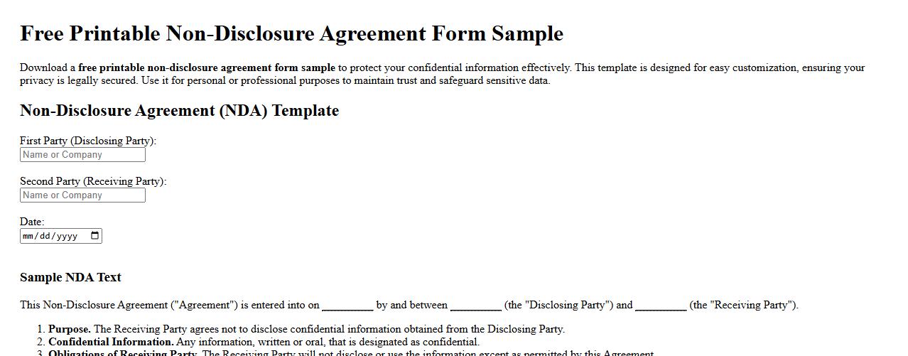free printable non-disclosure agreement form sample image preview