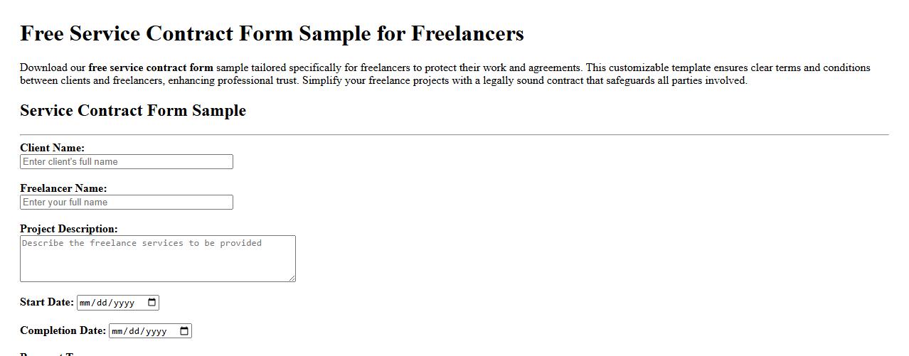 Free service contract form sample for freelancers image preview