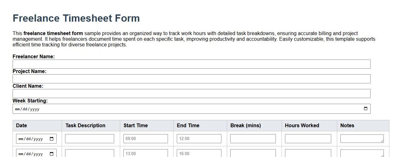 Freelance timesheet form sample with task breakdown image preview