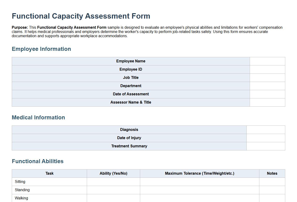 Functional capacity assessment form sample for workers compensation image preview