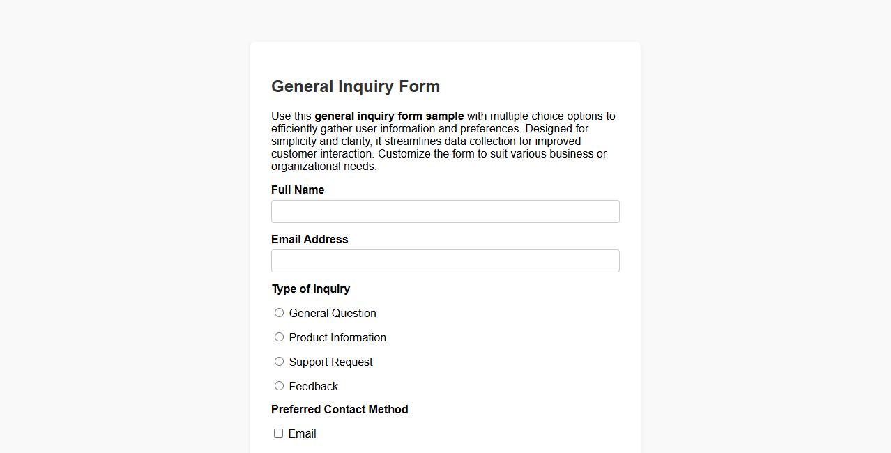general inquiry form sample with multiple choice options image preview