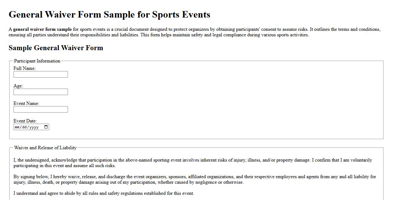 general waiver form sample for sports events image preview