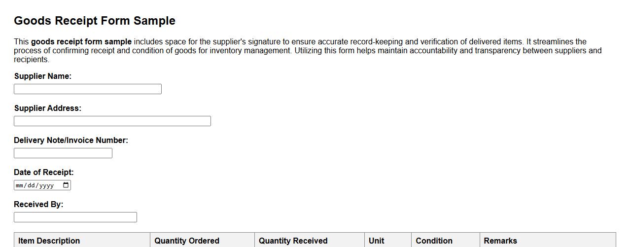 Goods receipt form sample including supplier signature image preview