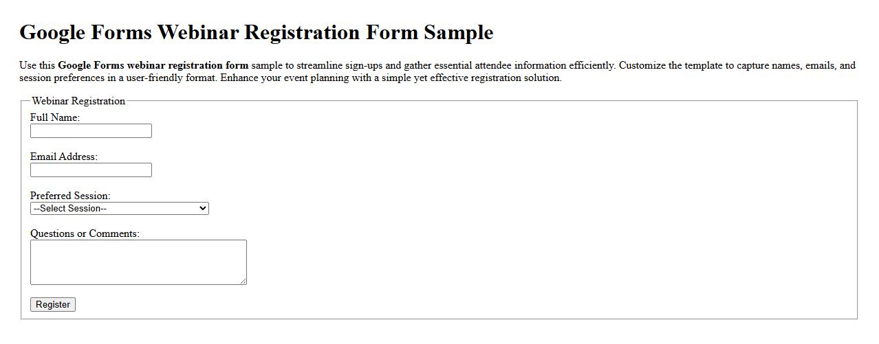 Google Forms webinar registration form sample image preview