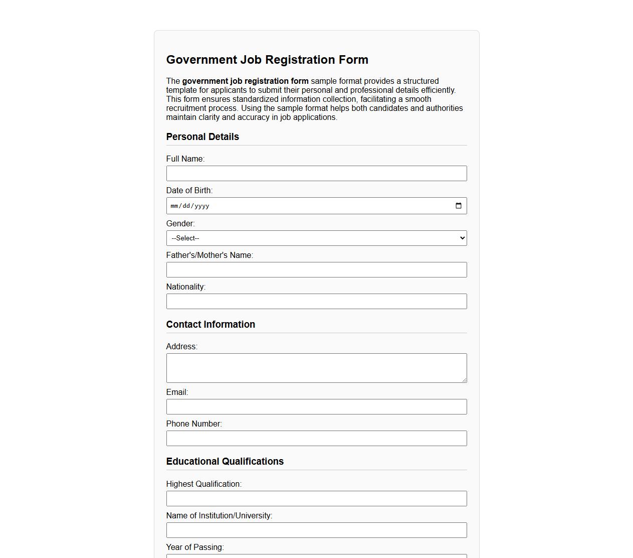 government job registration form sample format image preview