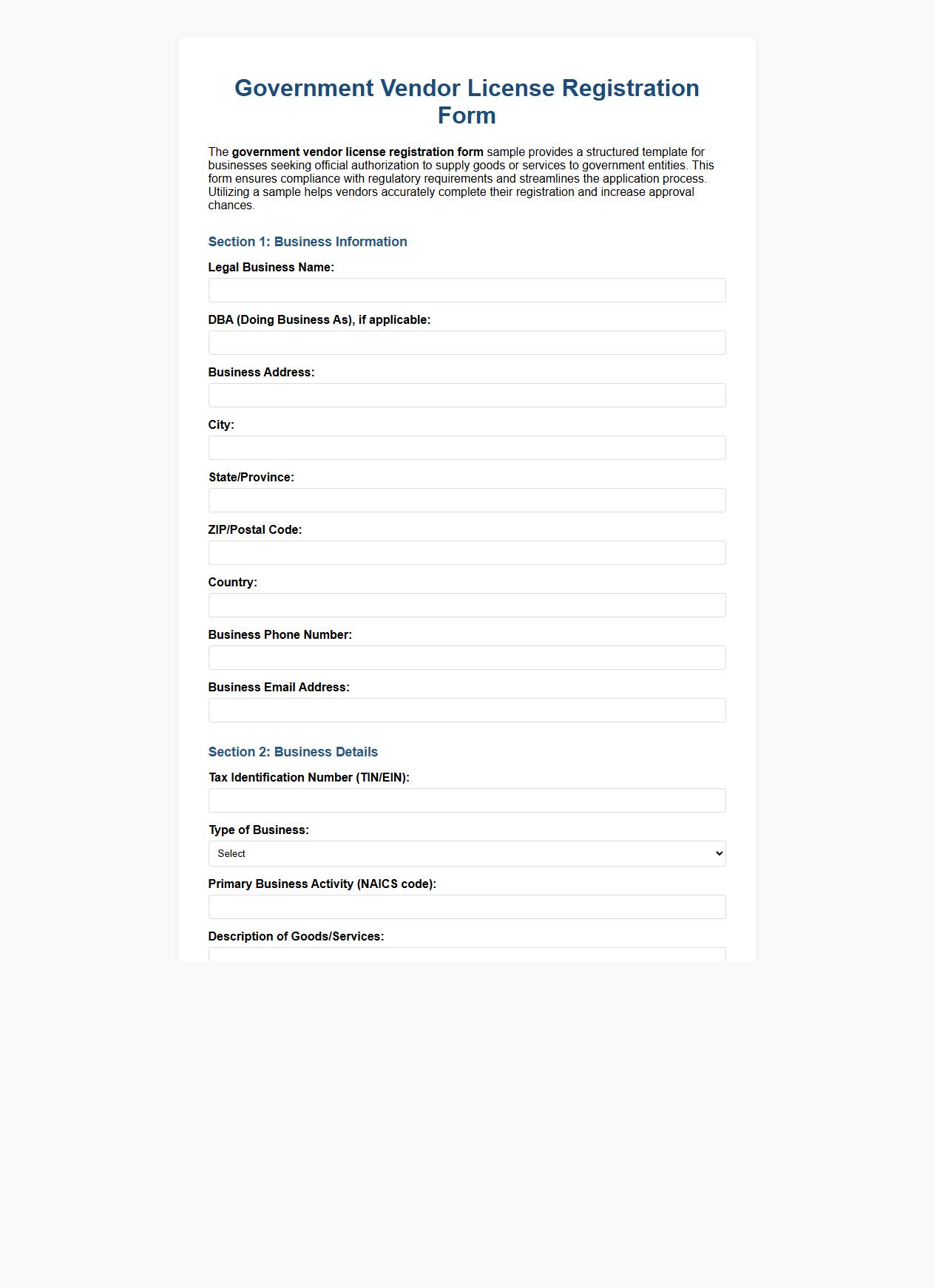 government vendor license registration form sample image preview