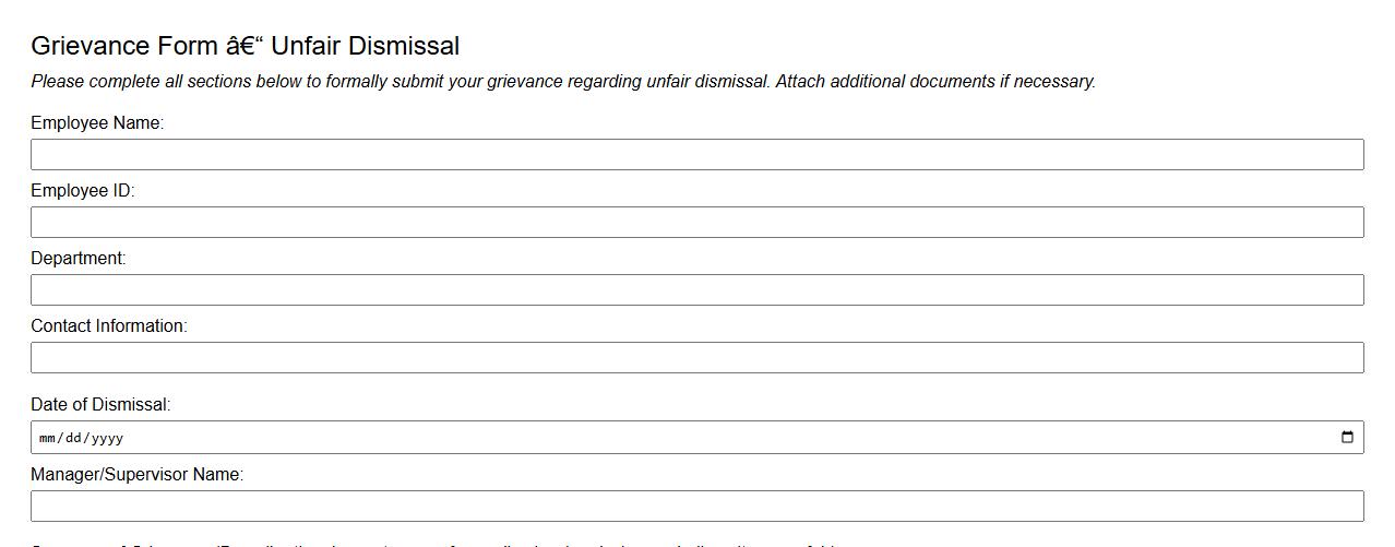 Grievance form sample for unfair dismissal image preview