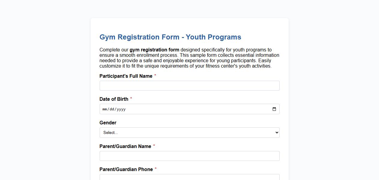 Gym registration form sample for youth programs image preview