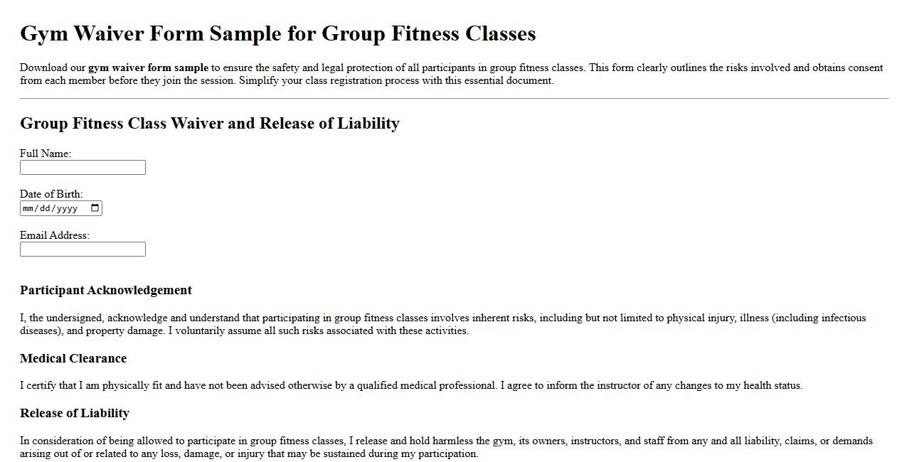 Gym waiver form sample for group fitness classes image preview