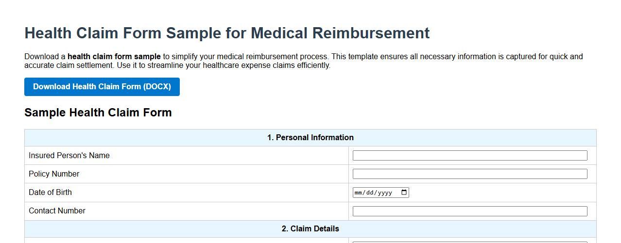 health claim form sample for medical reimbursement image preview