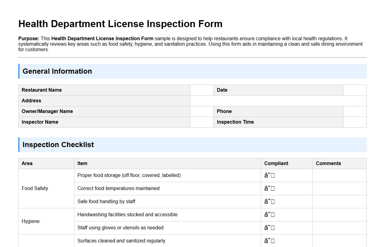 Health department license inspection form sample for restaurants image preview