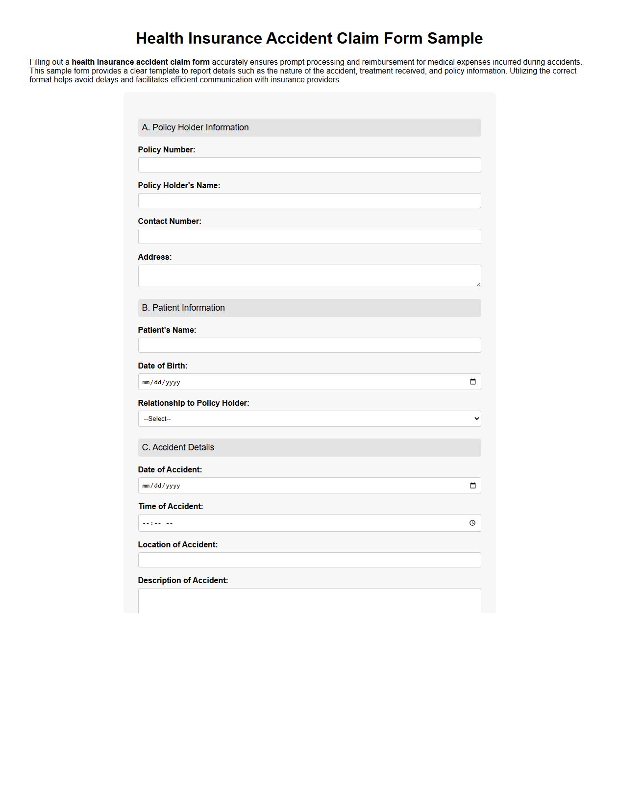Health insurance accident claim form sample image preview