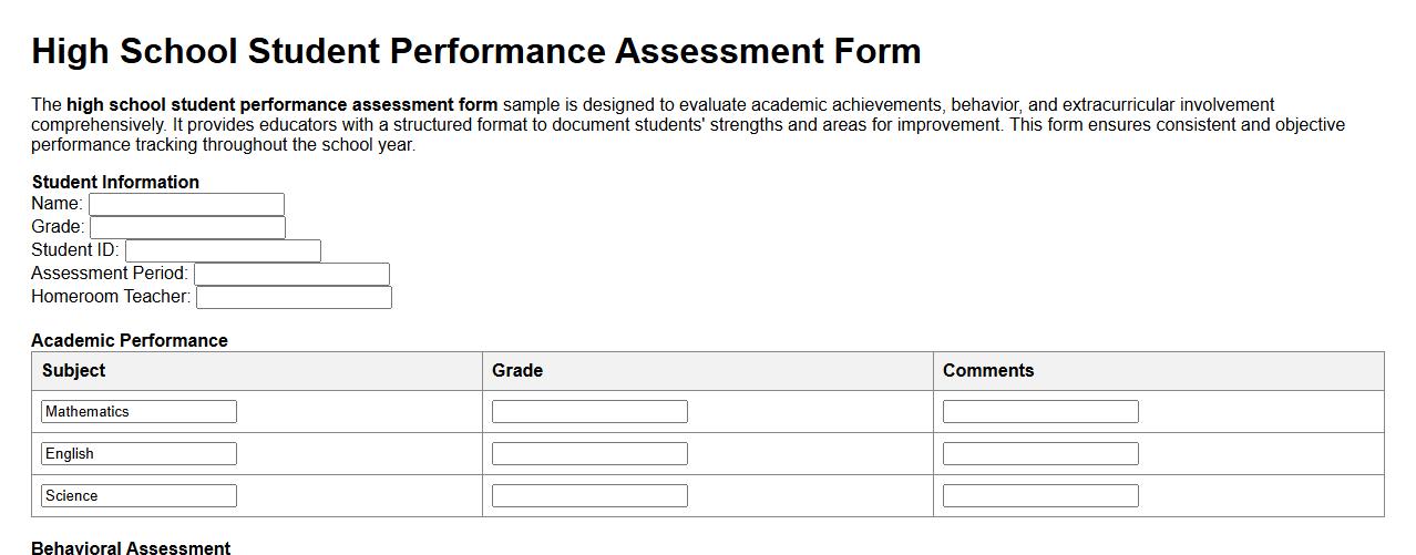 High school student performance assessment form sample image preview