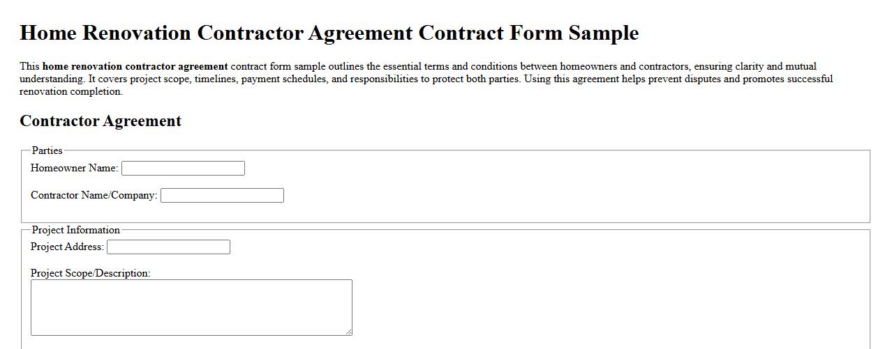 Home renovation contractor agreement contract form sample image preview