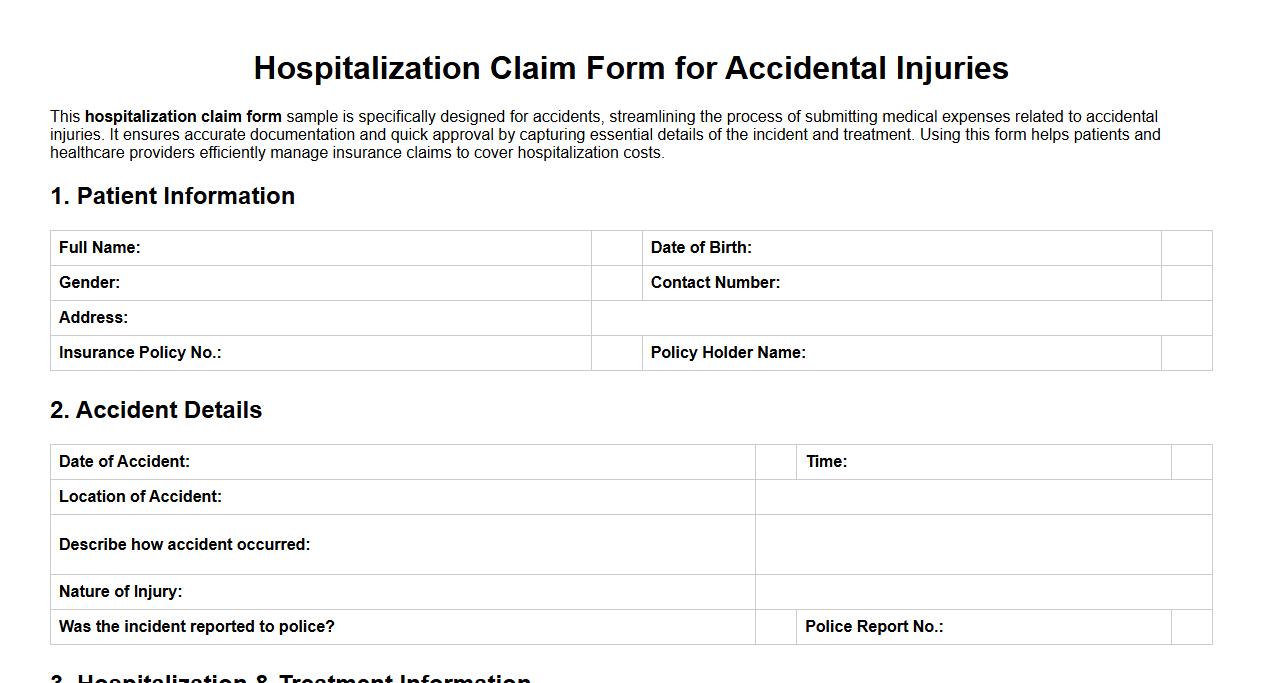 Hospitalization claim form sample for accidental injuries image preview