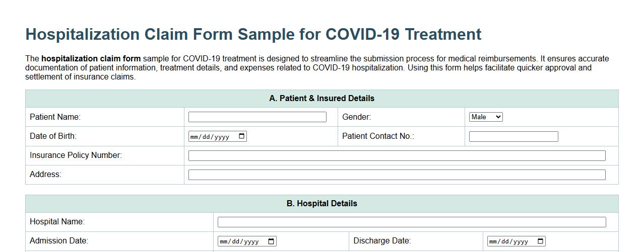 Hospitalization claim form sample for COVID-19 treatment image preview