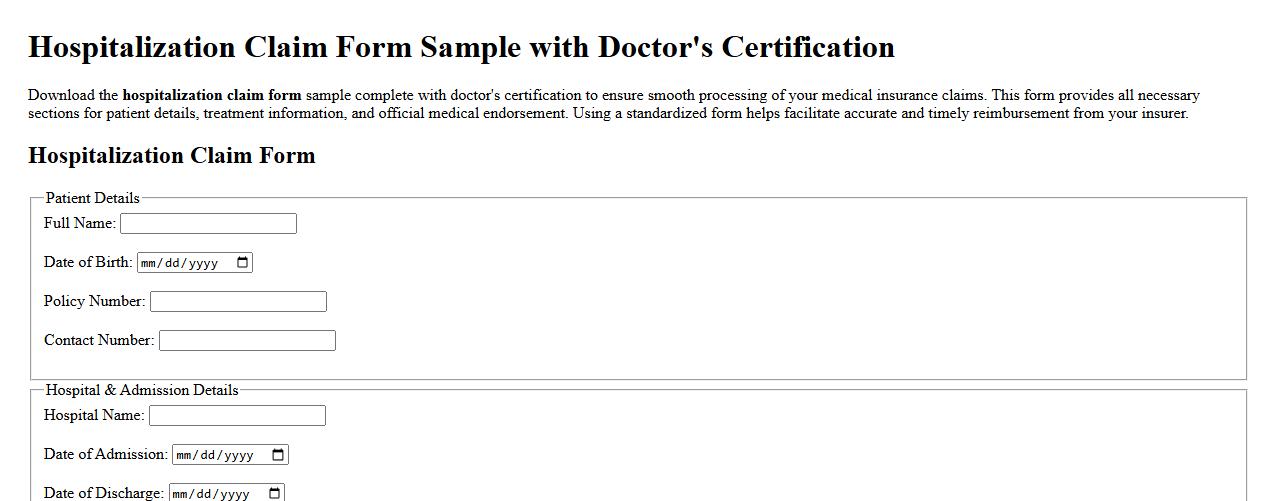 Hospitalization claim form sample with doctor’s certification image preview