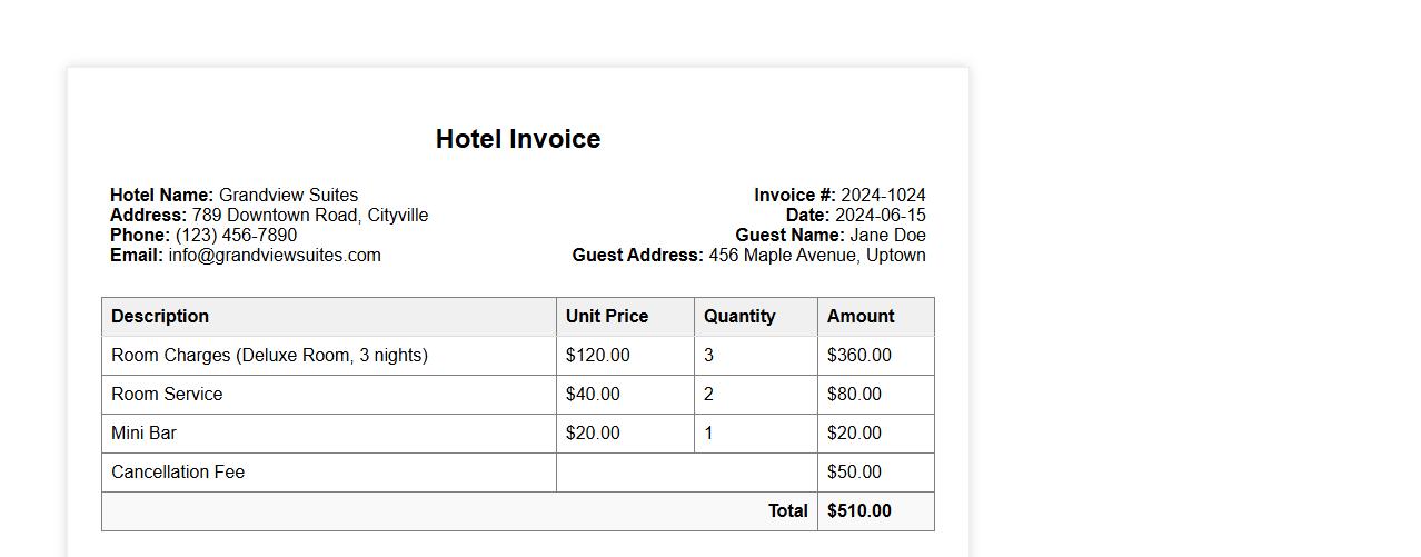 Hotel invoice form sample with cancellation fee image preview