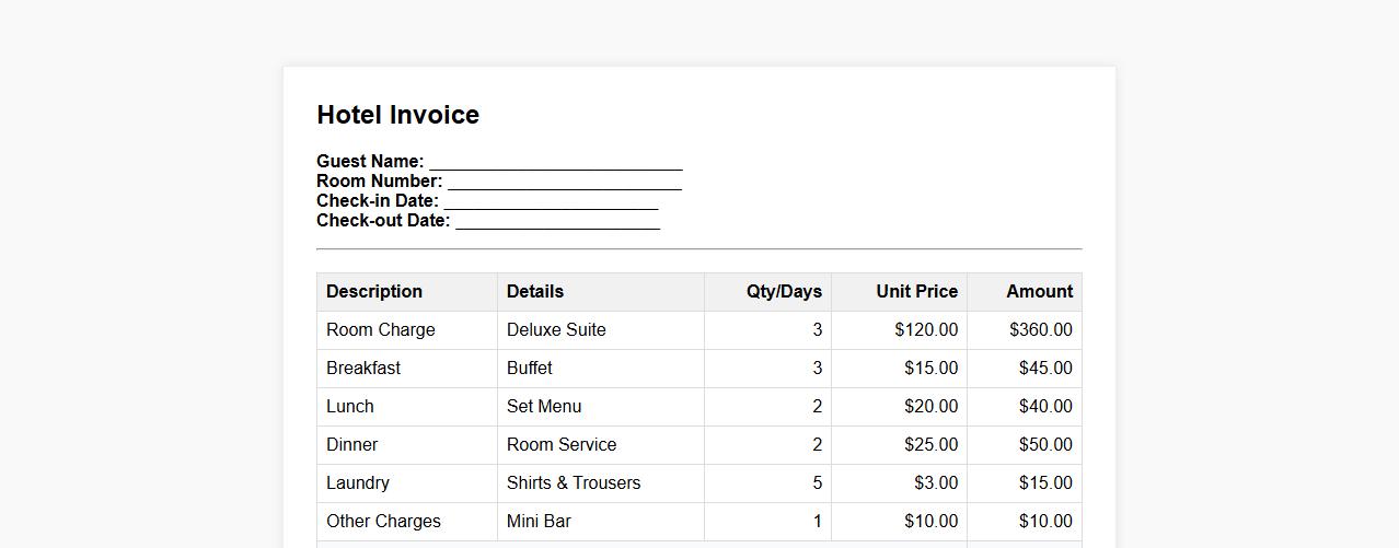 Hotel invoice form sample including meal charges image preview