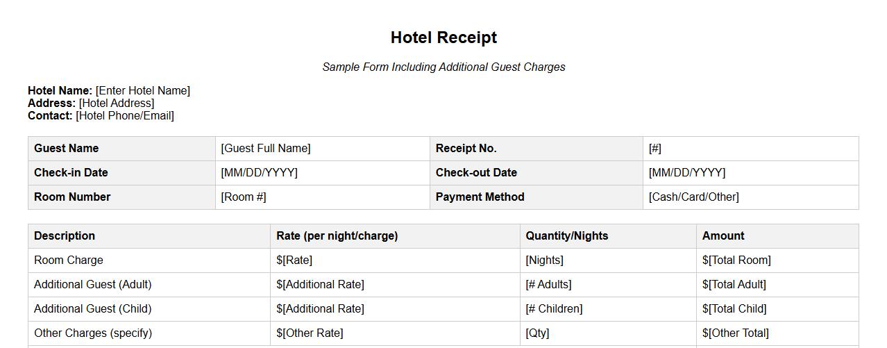Hotel receipt form sample including additional guest charges image preview