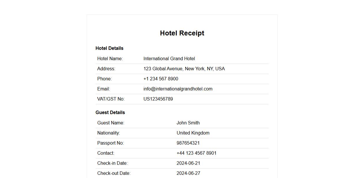Hotel receipt format for international guests image preview