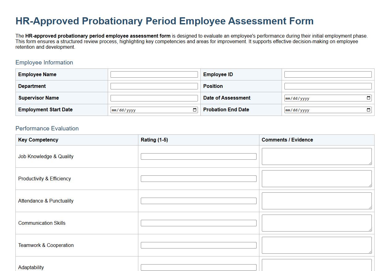 HR-approved probationary period employee assessment form image preview