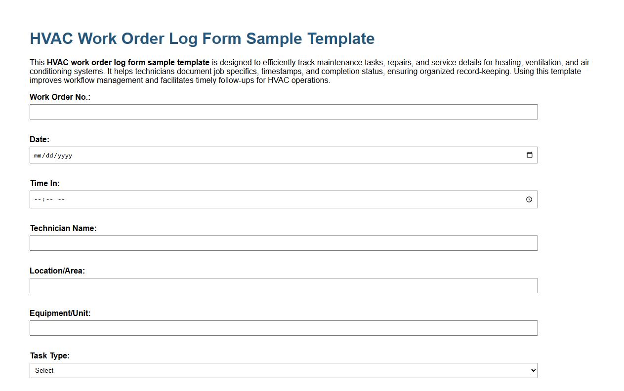 HVAC work order log form sample template image preview