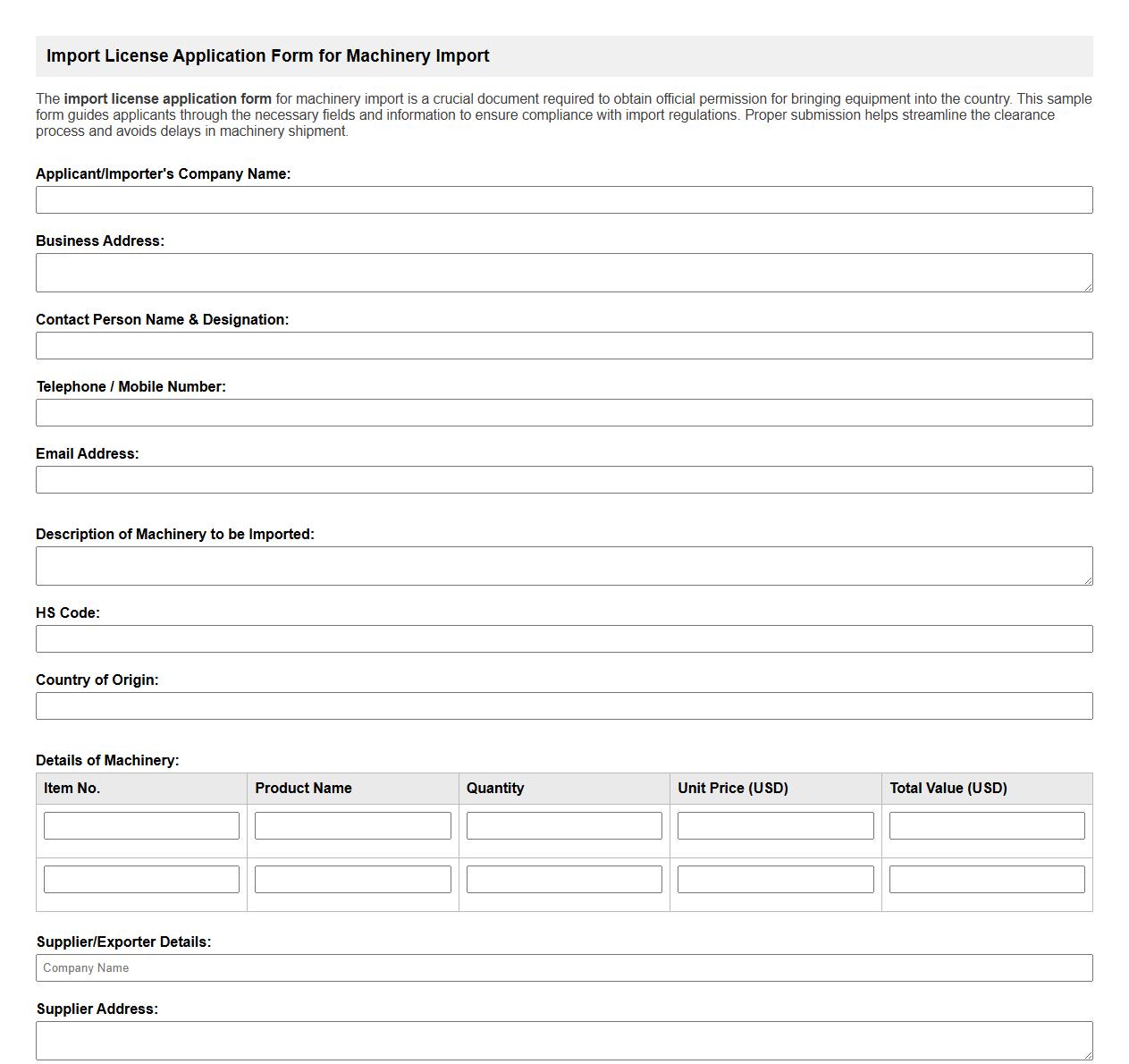 import license application form sample for machinery import image preview