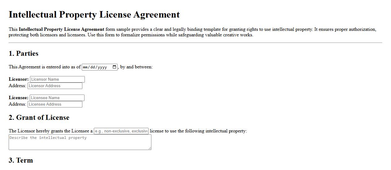 Intellectual property license agreement form sample image preview