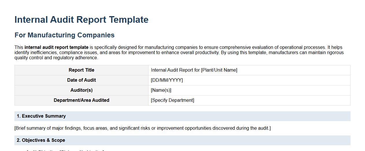 Internal audit report template for manufacturing companies image preview