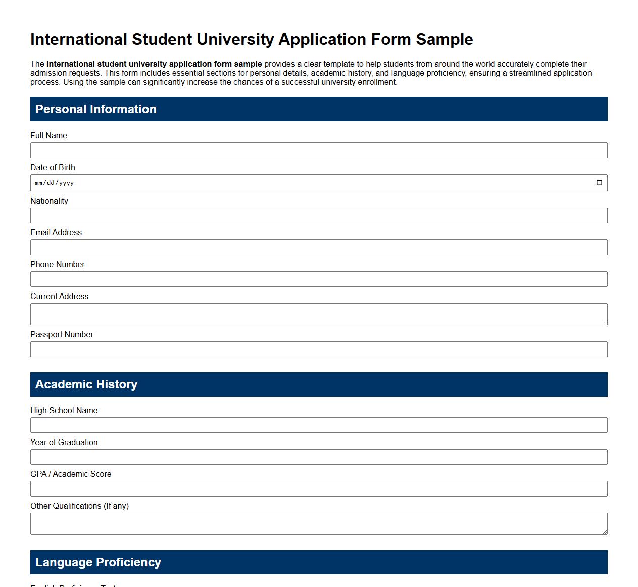 international student university application form sample image preview