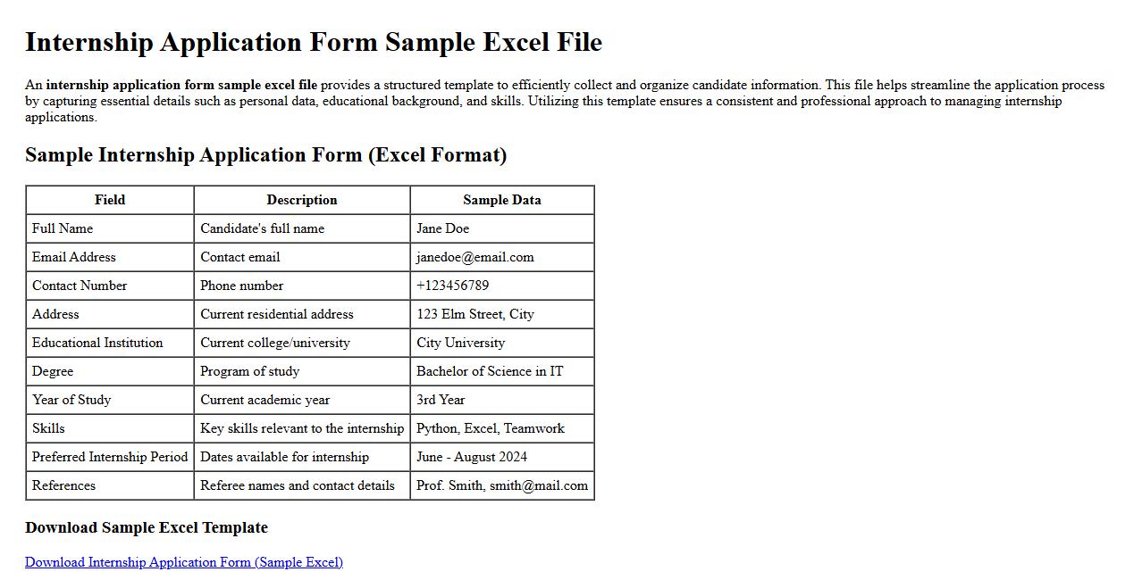 internship application form sample excel file image preview