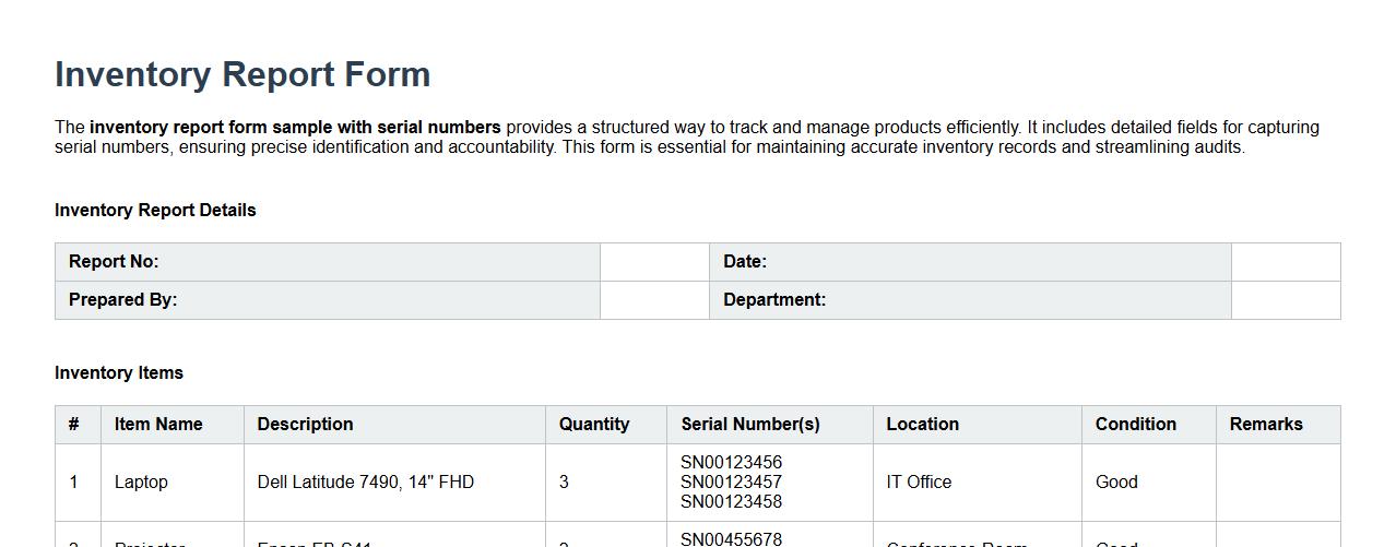 inventory report form sample with serial numbers image preview