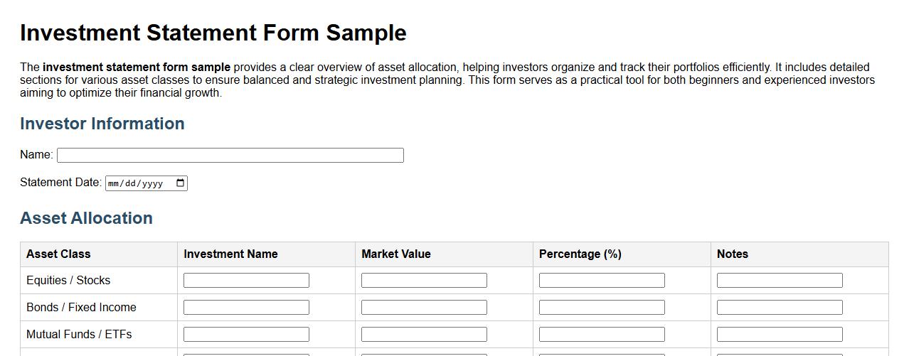 Investment statement form sample with detailed asset allocation image preview
