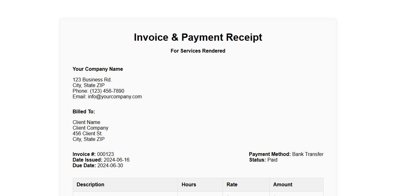 Invoice and payment receipt template for services rendered image preview
