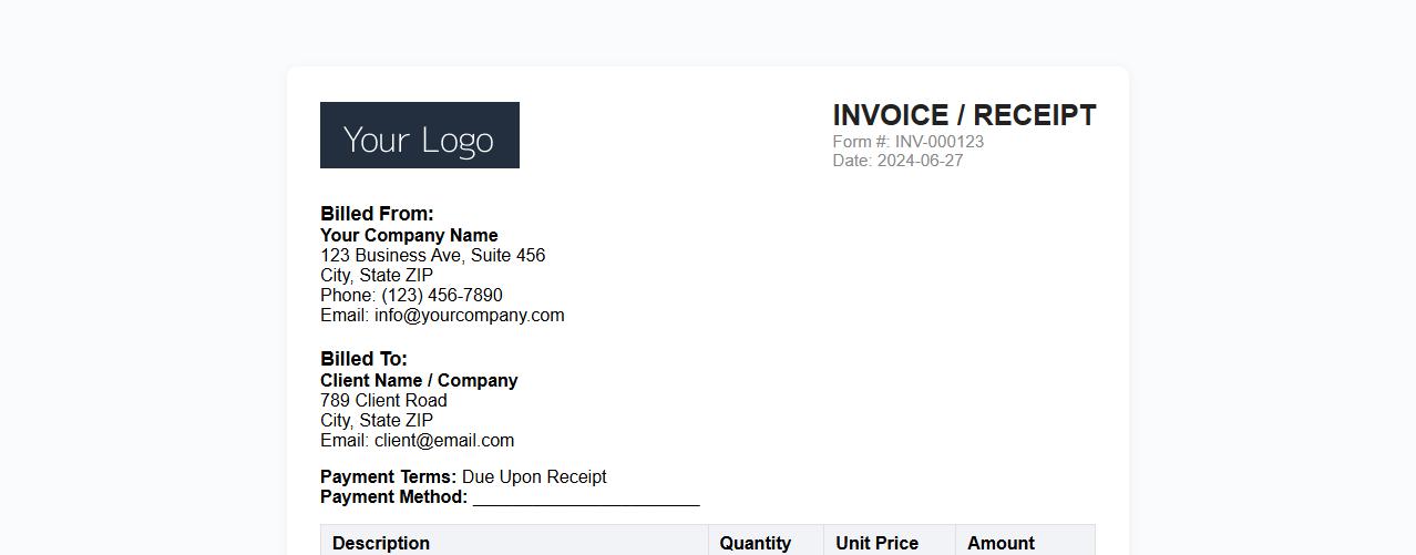 invoice and receipt form sample with company logo image preview