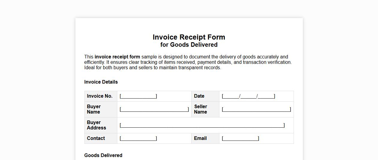 Invoice receipt form sample for goods delivered image preview