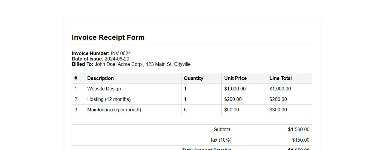 Invoice receipt form sample with tax calculation image preview