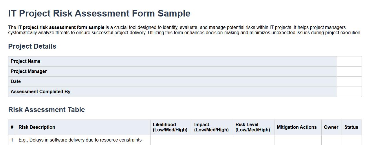 IT project risk assessment form sample image preview
