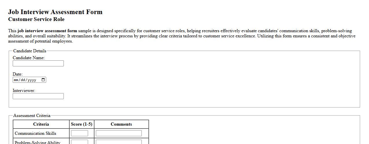 job interview assessment form sample for customer service roles image preview