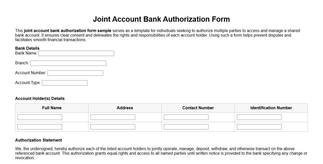 joint account bank authorization form sample image preview