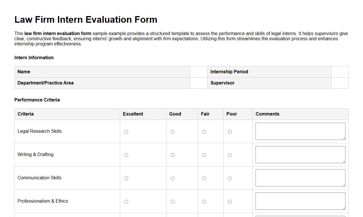 law firm intern evaluation form sample example image preview