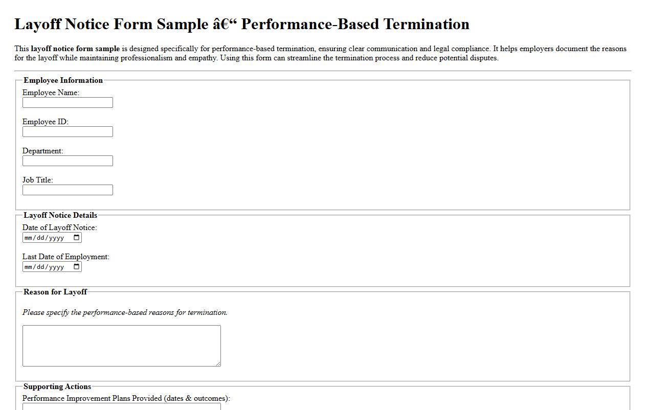 Layoff notice form sample for performance-based termination image preview