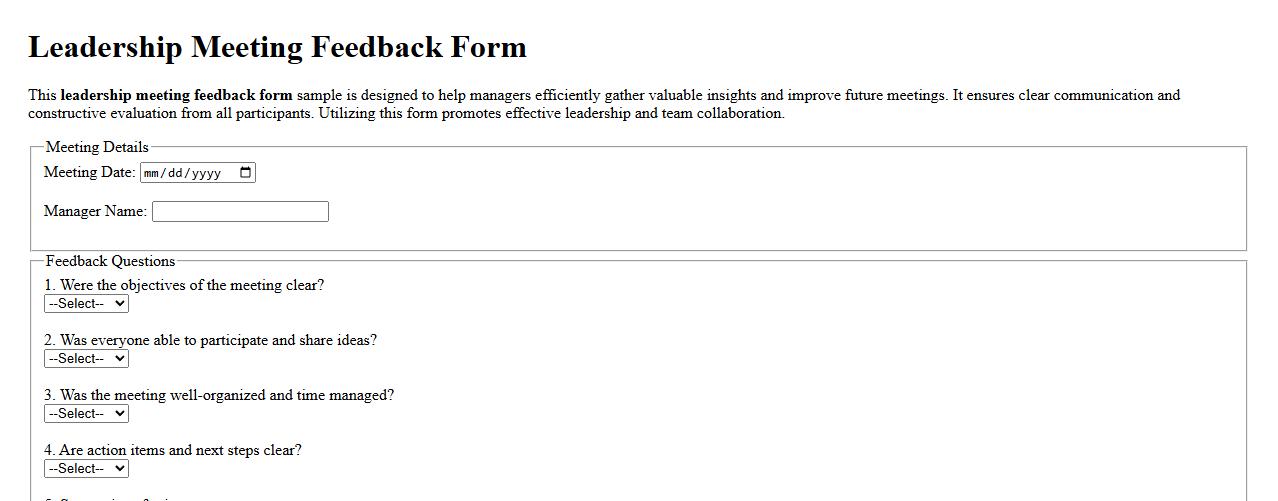 Leadership meeting feedback form sample for managers image preview