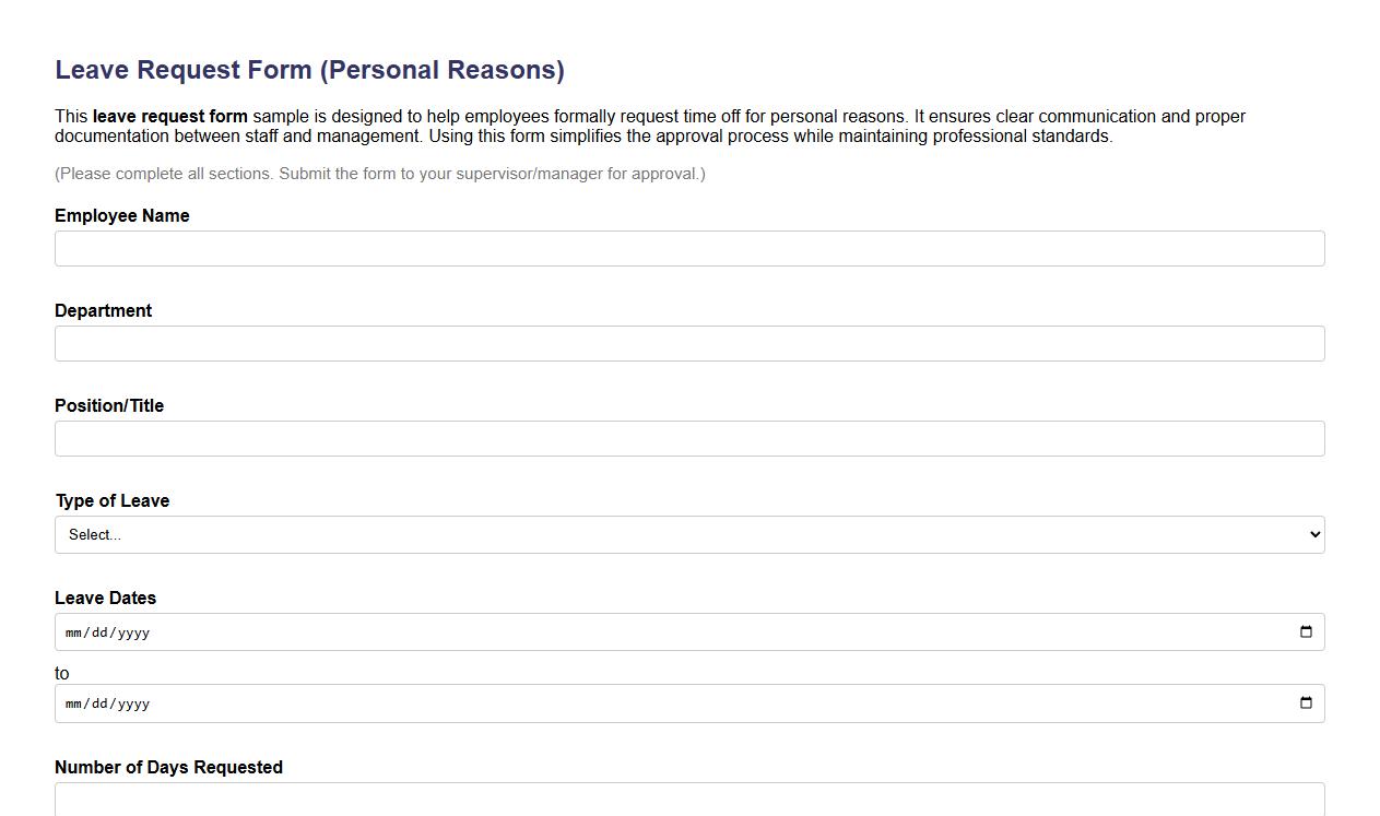 Leave request form sample for personal reasons image preview