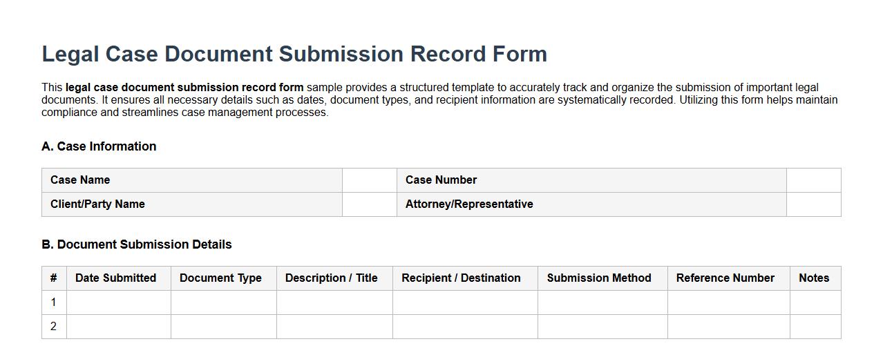 Legal case document submission record form sample image preview