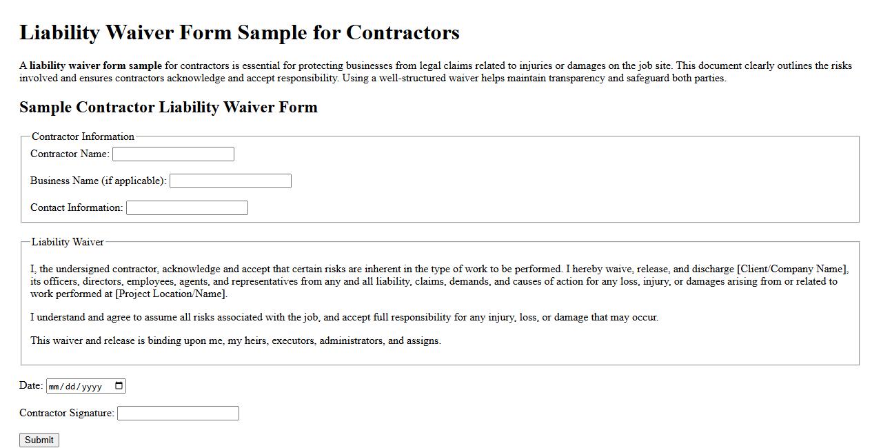 Liability waiver form sample for contractors image preview