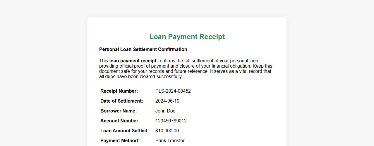 Loan payment receipt for personal loan settlement image preview